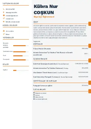 Biyoloji Öğretmeni CV Örnekleri cv indir